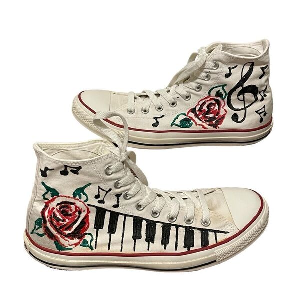Converse Custom Painted Rose Music Piano Sneakers White Red Green Men 10 Wom 12 - Picture 1 of 14